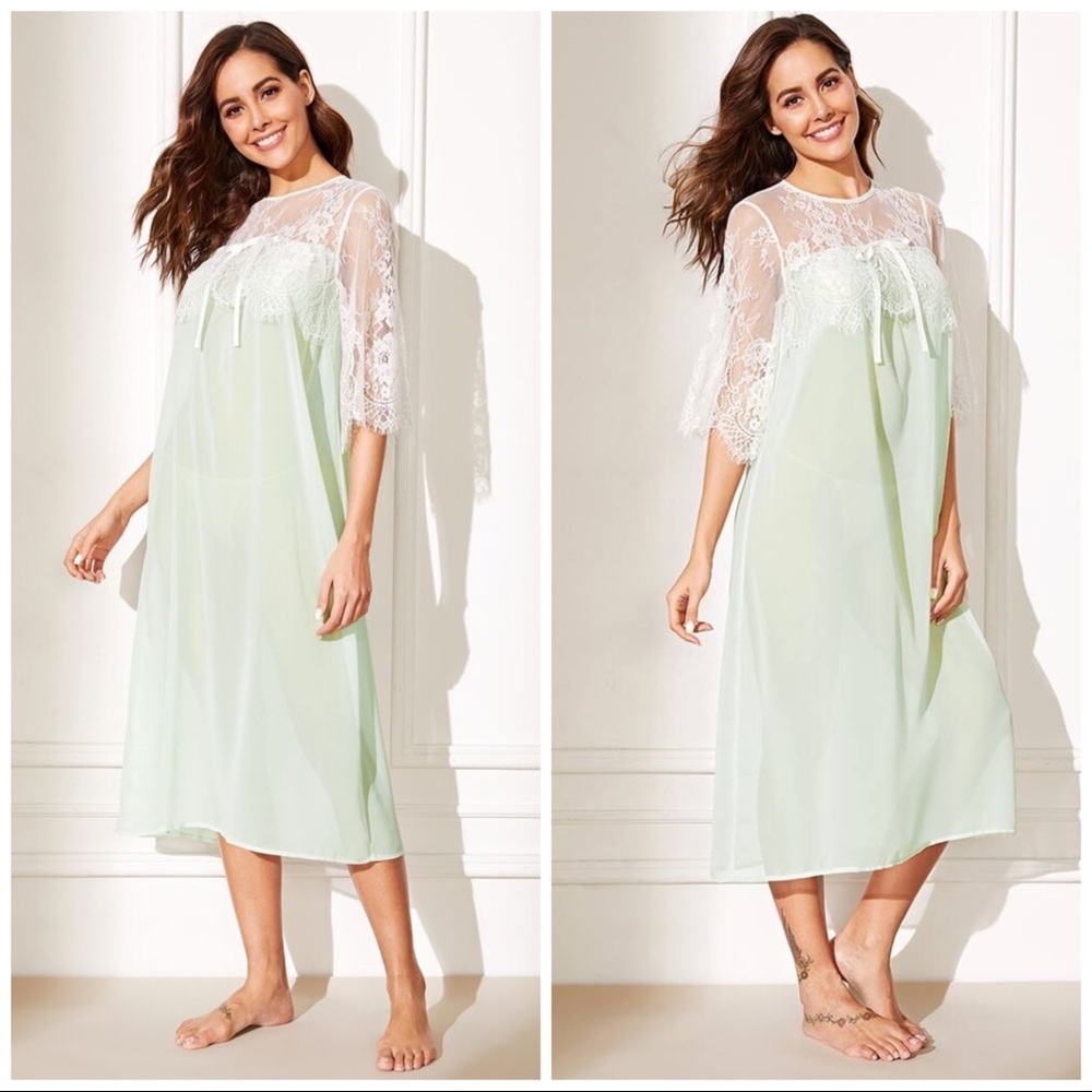 New Green Vintage Style Sheer Lace Nightgown - Picture 2 of 4